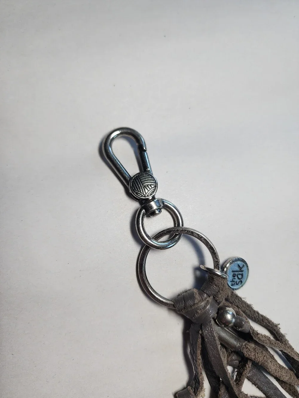 The Sak Leather Feather Tassel Keychain Charm Gray, White & Brown Bohemian
